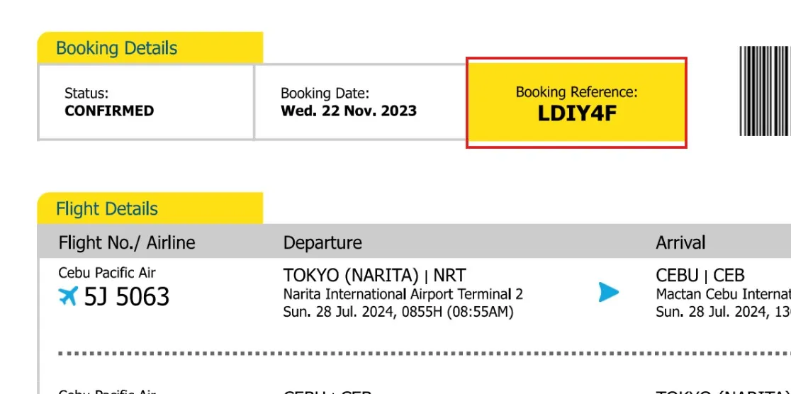 セブパシフィックの予約番号